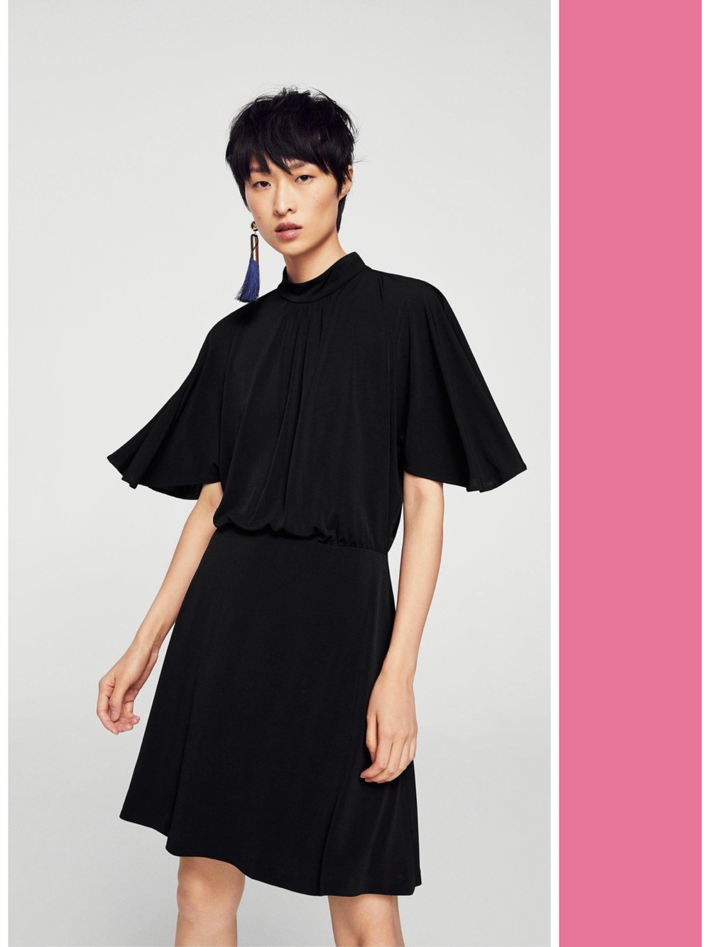 Mango Basics Black Solid Blouson Flutter Sleeve Mini Dress Size XS EUC Capsule